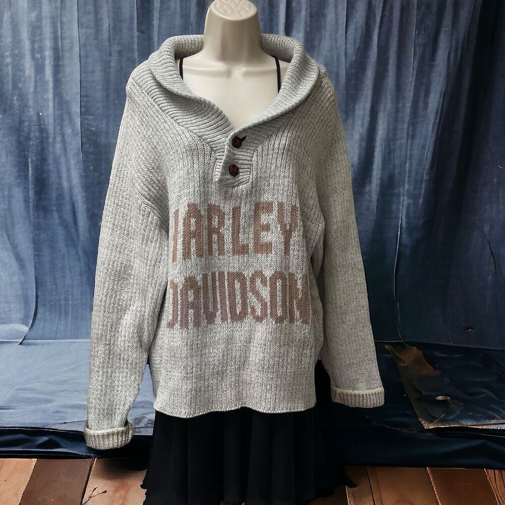 Harley Davidson Sweater Size Large Gray Cotton Knit Shawl Collar 1990's Vintage